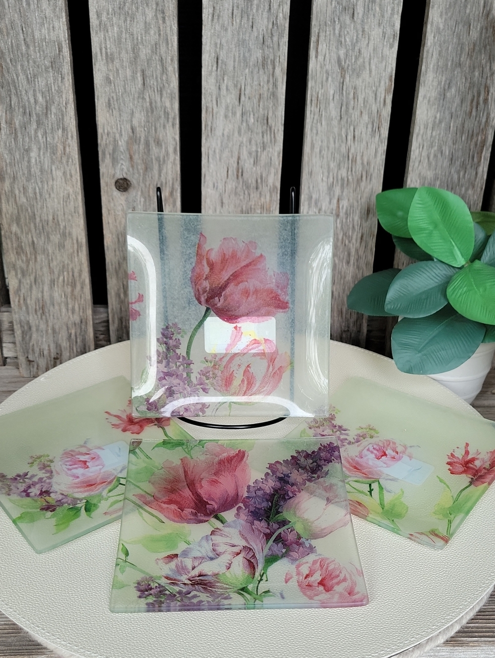 GANZ Glass Floral Appetizer Plates - Pink & Green